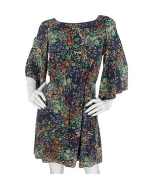 Alice + Olivia Floral Print Mini Dress Black Multicolor Boho Chic Flare Sleeve M